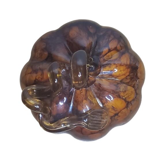 Hand Blown Glass Pumpkin Squash Brown Amber Art Glass Swirl Stem 5" x 4.5" - Picture 13 of 14